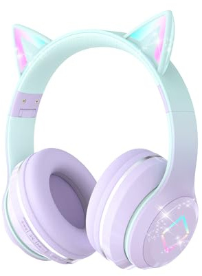 Bluetooth Kids Headphones,Cat Ear LED Light Up Kids Wireless Headphones,Bluetooth 5.1&Stereo Sound,Foldable,Adjustable Headband,Children Headphone with Microphone Over Ear for School/Tablet (Purple)