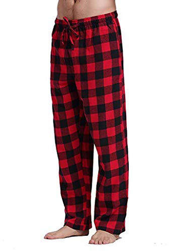 UnoSheng Pantalon de pyjama long en coton pour homme - Pantalon de pyjama long à carreaux rouge avec poches - Coupe décontractée - Pyjama léger de Noël - Pantalon de loisirs, rouge, M