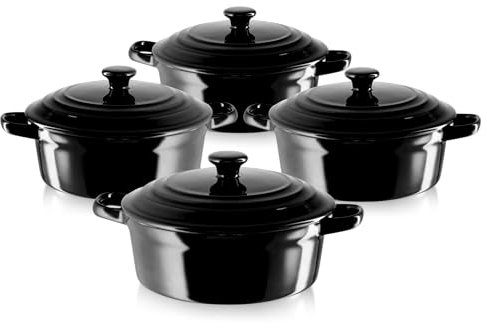 KHG Auflaufform mit Deckel 4er Set, Schwarz 0,5 Liter klein, Keramik Steingut rund, Servierform mit Griffen, ofenfest 200°C & mikrowellenfest, Mini-Schmortopf, Mini-Bräter, Mini-Cocotte