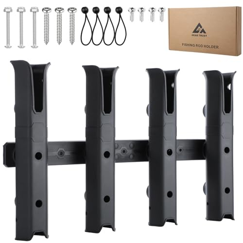 GearTrust 4-Tube Adjustable Fishing Rod Holder Bracket, Self-Adhesive Fishing Pole Holders for Garage Wall Mounted Fishing Rod Holders for Fishing Boat Wagon Golf Cart Crate Cooler ATV Trailer- Black