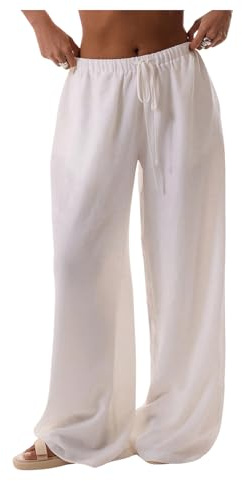 RoseSeek Women's Beach Cover Ups Wide Leg Loose Linen Pants Swimsuit Coverup Summer Vacation Outfits 2026 White Small