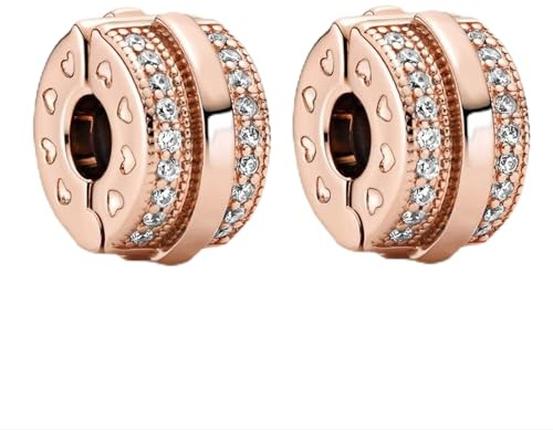 MGIUL Rose Gold Heart Pavé Clip Stopper Charms 2pcs Pendant für Armbänder Halsketten 925 Sterling Silber Anhänger Perlen Schmuck Geschenk für Frauen
