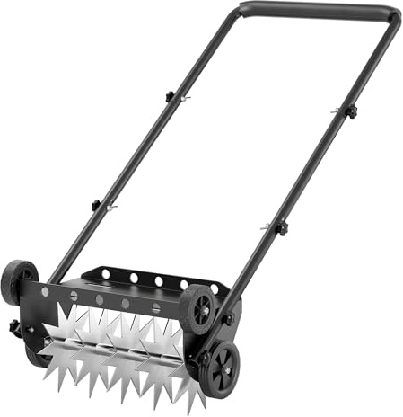 Lineware 18-Inch Lawn Aerator,Heavy Duty Push Spike Aerator with 4 Wheels,Aerator Lawn Tool with Steel Handle, Manual Aerator Lawn Tool with Foam Armrests, Suitable for Lawn, Garden and Yard