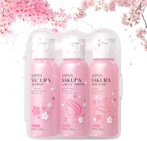 ARCHIDATE Sakura Haarpflege Set - 3PCS Haar-Geschenksets für Frauen - Bade Haarpflege-Set mit Haarshampoo-Spülung-Duschgel - Haarshampoo Damen für Mädchen in Reisegröße - Haarpflege für Kaputtes Haar