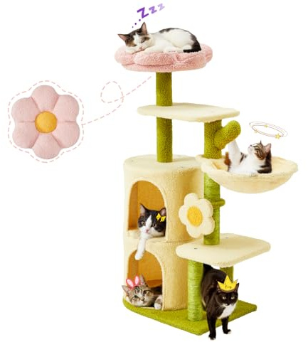 Erinnyees Flower Cat Tree, 38.2 Inches Cat Tower, Multi-Level Indoor Kitty Tree Tower, Kitty House with Cozy Top Flower Platform, Spacious Condos, Soft Hammock, Sisal Scratching Post