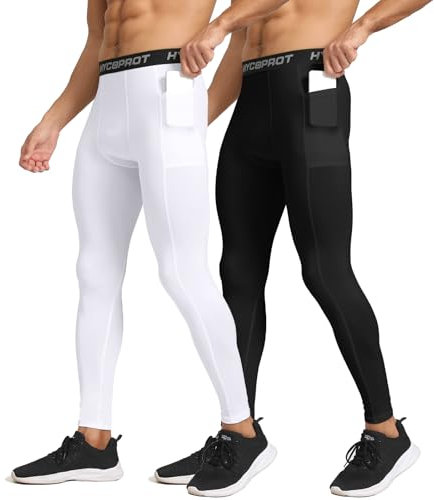 HYCOPROT 2er Pack Herren Kompressionshose mit Taschen Schnelltrocknende Laufhose Sportleggings Baselayer Leggings Atmungsaktiv Funktionsunterhose für Basketball Fitness (Schwarz/Weiß, L)
