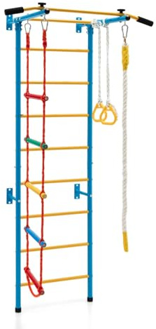 HOMASIS Escalera Sueca Mural 5 en 1, Espalier de Madera con Barra de Tracción, Escalera de Cuerda, Cuerda y Anillos de Gimnasia, Juego de Escalada para Adultos y Niños de 3 Años+ (Amarillo)