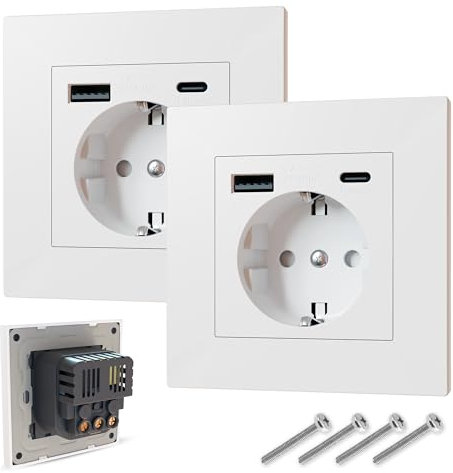 BROSSTALL Pack x2 Enchufes de Pared USB y tipo C, Carga Rápida 5V-2100mA, Fácil Instalación, Certificados CE y RoHS, Superficie Schuko 16A, Empotrable, Con Manual de Instalación.