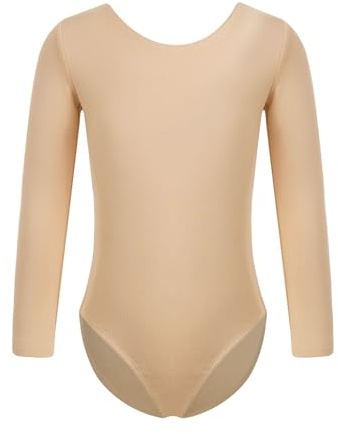 Oyolan Kids Girls Basic Long Sleeve Nude Leotard Gymnastics Ballet Dance Undergarment Bodysuit Training Wear Nude Round Neck 10-11 Years