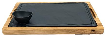 BEEFSTONE Servierplatte mit Eichenbrett, 1 Porzellanplatte und 1 Schälchen aus Porzellan in Schiefer Optik
