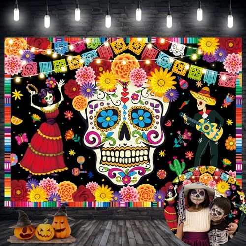 Toile de fond « Jour des morts » Día De Los Muertos pour photographie, Halloween, Fiesta, Crâne en sucre, fleurs, décoration de fête d'anniversaire, bannière d'accessoires photo (240 x 180 cm)