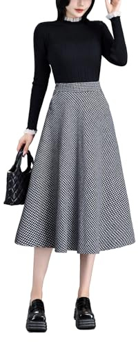 Beeblily Jupe Longue Femme Hiver Élégant Laine Carreaux Midi Skirt Taille Haute A-Ligne Taille élastique Chaud Plissée Jupe 7758 Noir L(Elastic Waist:78CM)
