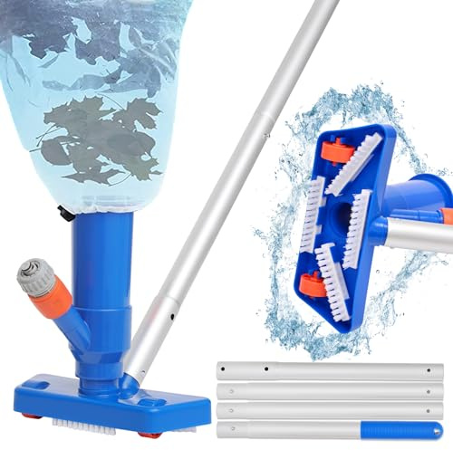 143cm Poolsauger Staubsauger - Pool Sauger mit Bürste & 4 Abnehmbare Verstärkung Aluminiumstange, Schwimmbad Teich Jet Vakuumkopf mit Laubsack für Reinigung Saugen Pool Boden Mini-Reiniger für Brunnen