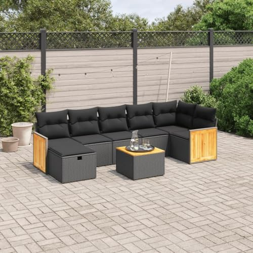 GeenYuu Juego de 8 sofás de jardín con cojines de poliratán negro, resistente a la intemperie, juego de muebles de jardín con mesa y grupo de asientos de ratán, madera y metal para terraza, balcón
