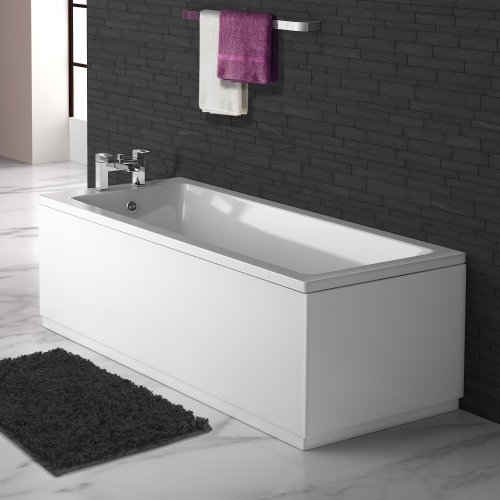 IBathUK Bathroom White Gloss Bath Single Ended Straight Sqaure Acrylic Bathtub with Adjustable Feet - 1600 x 700mm