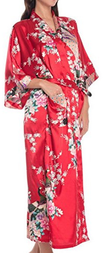 FEOYA Kimono Robe de Chambre Longue Imprimé - Chemise de Nuit Soie Artificielle Paon Fleur - Beaucoup de Couleurs