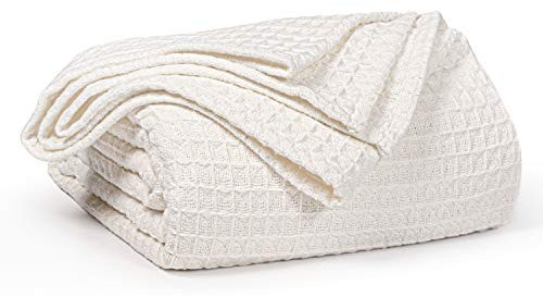 EHC Luxuriously Soft Chunky Waffle Cotton Throws Extra Large Sofa Bed, Sofa, Couch Blanket Bedspread, King size, 225 x 250 cm - Ivory
