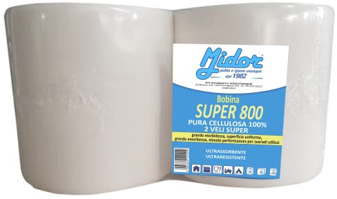 Bobina rotoloni di carta 2 rotoli SUPER 800 pura cellulosa 100% 2 veli super, ultra assorbente ultra resistente - Midor