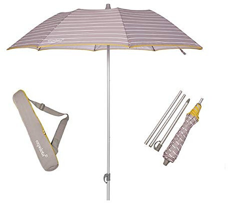 EZPELETA Parasol ligero y plegable de aluminio para terraza y playa. Diámetro 155cm. Protección solar UPF 50+. Estampado rayas/marinero. Incluye funda/bolsa - Gris