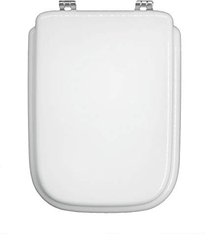 Sì Copriwater in poliestere con anima in legno, serie Conca della Ideal Standard, Bianco Europeo con cerniere in metallo cromato.