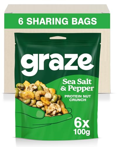 Graze Sea Salt & Pepper Veggie Protein snacks - Vegan Snacks, High in Protein & Fibre - Packaging may vary - (6 x 100g Snacks)