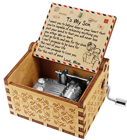 Kenon Engraved Wood Music Boxes For Son, Custom Vintage Hand Crank Musical Box and Your are My Sunshine Music, Christmas Birthday Gift For Son From Mom