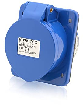 Intratec CEE Starkstrom Einbausteckdose schräg, 32 A, 3-polig – Industriestecker für Innen- und Außenbereich, Einspeisesteckdose IP44, 230 V, SB, RoHS, Reach, Blau/Grau