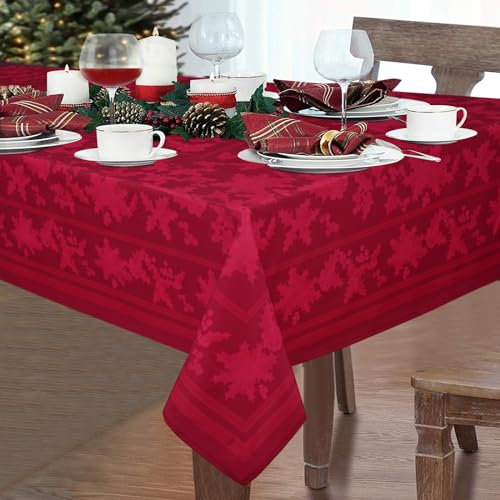 Yrendenge Weihnachten Rot Tischdecke Poinsettia Waschbare Tischdecken Rechteckig Stechpalmenblätter Faltenfrei Tischdecke Weihnachtsstern Tischtuch für Urlaub Küche Party, 152x305cm