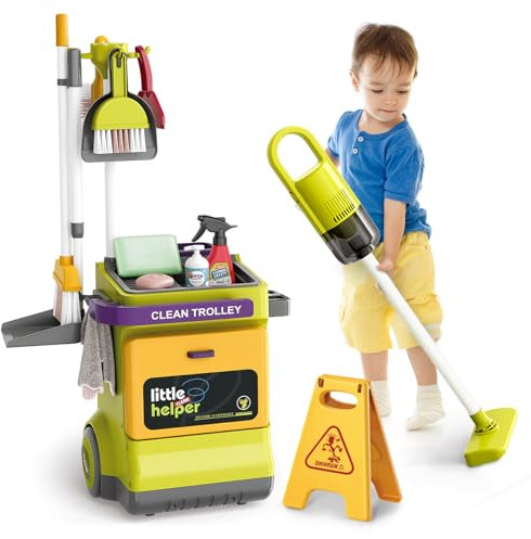 JONRRYIN Set di Pulizia per Bambini, Carrello di Pulizia Bambini con Scopa, Aspirapolvere per Bambini con Funzione di Aspirazione Giocattolo per Bambini 3 4 5 Anni (Giallo)