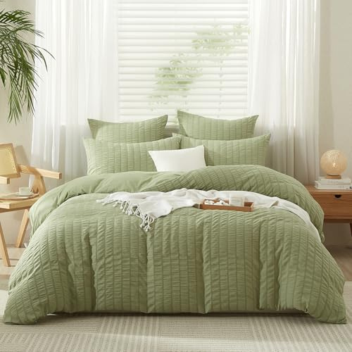 Seersucker - Funda nórdica (200 x 200 cm, rayas sólidas, color verde salvia, estampado a rayas, estructurado, adulto, suave, cómodo, elegante, juego de cama de 2 personas, con 2 fundas de almohada de