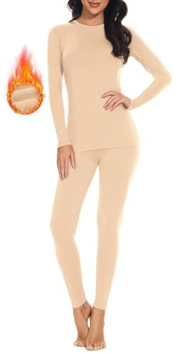 SIMIYA Damen Thermounterwäsche Set, warme Unterwäsche mit Innenfleece, Ultraleicht Unterteil und Oberteil lang Funktionsunterwäsche U Ausschnitt Skiunterwäsche für Winter,Beige,L