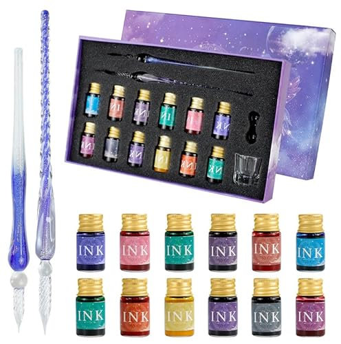 OT-NVWOZR 16 Stück Kalligraphie Stifte Set, 2 Kristallglasstifte mit 12 bunten Tinten & Stifthalter & Reinigungsbecher, Farbtinten Glasstifte Künstlerstift für Kalligraphie Schreiben (Lila)