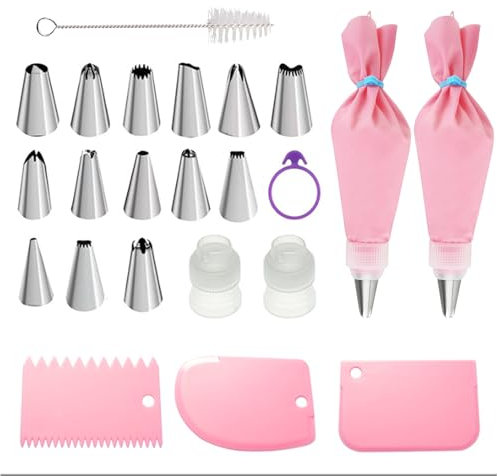 Piping Nozzles, 22-Piece Pink Baking Set with Piping Bags and Nozzles, Icing Piping Kit for Cake Decorating, Includes 14 Nozzles, 2 Converters, Piping Bags, Silicone Rings, and Scraper Set, 88g