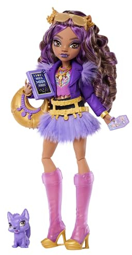 Monster High Doll, Clawdeen Wolf in Purple Moto Jacket and Furry Skirt with Pet Wolf Pup Crescent and 7 Accessories Like Book, Croissant and Purse