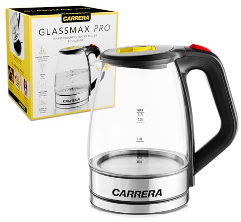 CARRERA Glas Wasserkocher [1,7L Füllvolumen] automatische Abschaltung – 2200W – mit LED – 360° Basisstation – verdicktes Glas – bis 100°C