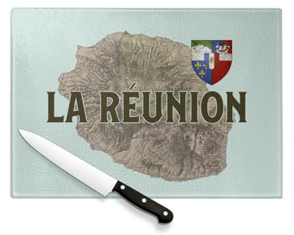 Planche à Découper en Verre Trempé - La Réunion 974 Ile Departement Carte Ancienne France - Protection Plan de Travail et Dessous de Plat Résistant Chaleur 2 Tailles Imprimé en France