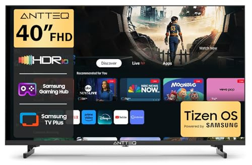 Antteq 40 Inch Smart TV, 40 Tizen OS FHD HDR10 Dolby Audio Television with Netflix Disney+ Gaming Hub Samsung TV Plus, Small TV for Bedroom or Kitchen