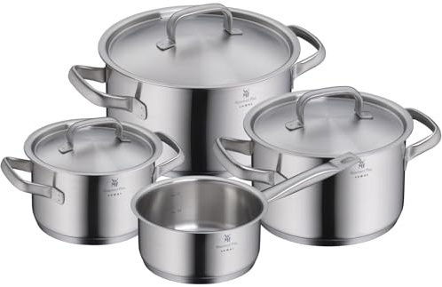 WMF Gourmet Plus - Batería de Cocina 4 Piezas, Acero Inoxidable Cromargan Apto para Inducción, 1 cazo de 20 cm, 3 Cacerolas de 16 cm, 20 cm y 24 cm con 4 Tapas de Metal