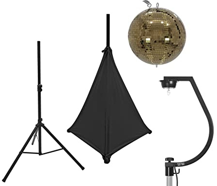 EUROLITE Set Spiegelkugel 30cm gold mit Stativ und Segel schwarz | Goldene Spiegelkugel inkl. Stativhalterung mit Motor, Stativsegel und Boxenhochständer