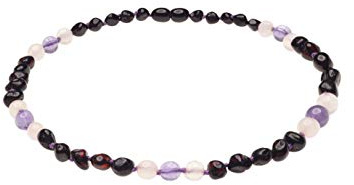Genuine Amber Necklace from Baltic Sea Made with Polished Cherry Rose Quartz and Amethyst 34 cm (13.4 Inches)