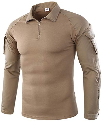 FENG Taktisk militärstrids-t-shirt för män långärmad slim fit camo skjorta militär uniform airsoft tillbehör jakt vandring, kaki, L