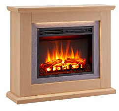 BALDERIA Charon Elektrokamin - Elektrischer Standkamin mit Heizung 1000/2000 W, realistischer 3D-Flammeneffekt, LED-Beleuchtung, Fernbedienung programmierbar, Timer, Thermostat - Hellbraun