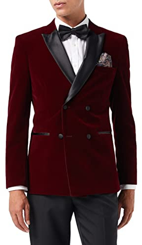 Men’s Velvet Double Breasted Tuxedo Suit Jacket Smoking Dinner Blazer Retro Classic Tailored Fit (52, Burgundy)