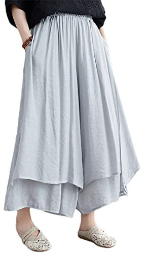 ERFMFKL Donne Cotone Lino Gamba Larga Pantaloni Tinta unita Elastico Vita Cropped Hakama, Grigio 9, Taglia unica