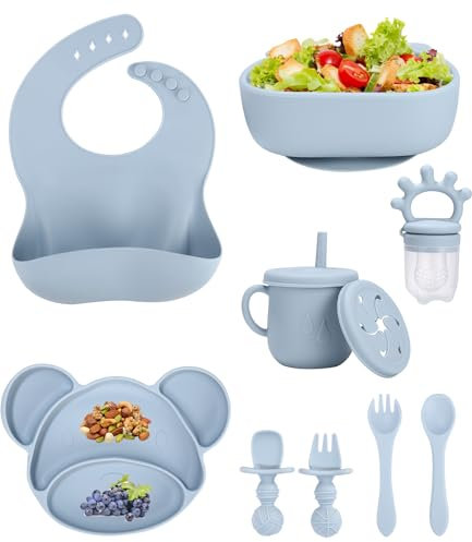 SOBEAU Silikon Baby Geschirrset,10 Stücke Rutschfest Kindergeschirr Set mit Saugnapf，Baby-Teller mit Saugnapf, Schüssel, Lätzchen,Löffel,Gabel,Baby-Trinkbecher,Fruchtsauger Set für Babys (Blau)