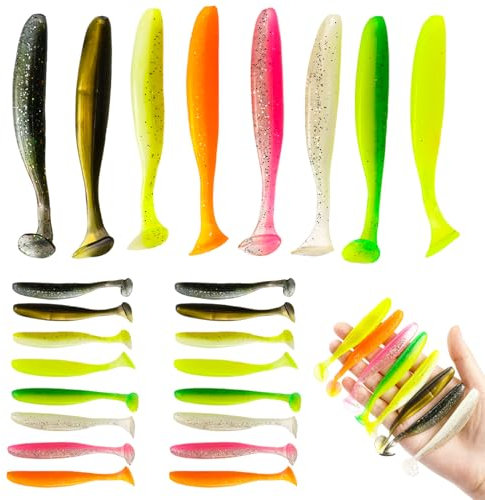 24 Stück Gummifische Set, Angelköder, Silikon-Bassköder, Schwimmköder, 8,9 cm, Angel-Softbait-Set zum Angeln auf Barsche, Salzwasser, Süßwasser (8 Farben)