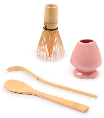 BambooMN Brand - Matcha Green Tea Whisk Set - Whisk + Scoop + Tea Spoon + Pink Whisk Holder