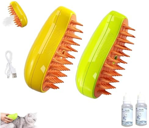 Katzenbürste mit Dampf, Katzenbürste mit Wasser, Steamy Cat Brush, 3-in-1-Dampfbürste für katzen, Katze Pflege Bürste Haustier Haar Entfernung Kamm für Katze und Hund (Gelb+Grün)