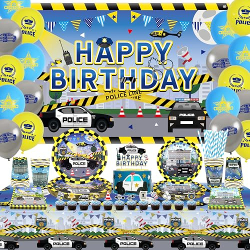 Obussgar Decoraciones de fiesta de cumpleaños de policía - accesorios para fiestas de policía incluyendo pancartas, adornos para tartas, platos, tazas, servilletas, manteles - para 20 invitados (telón