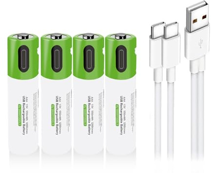 Batterie ricaricabili USB AAA agli ioni di litio, batterie ricaricabili da 1,5 V 550 mWh, batteria AAA, ricarica rapida per 1 ora, 1200 cicli con cavo di ricarica di tipo C, protezione da